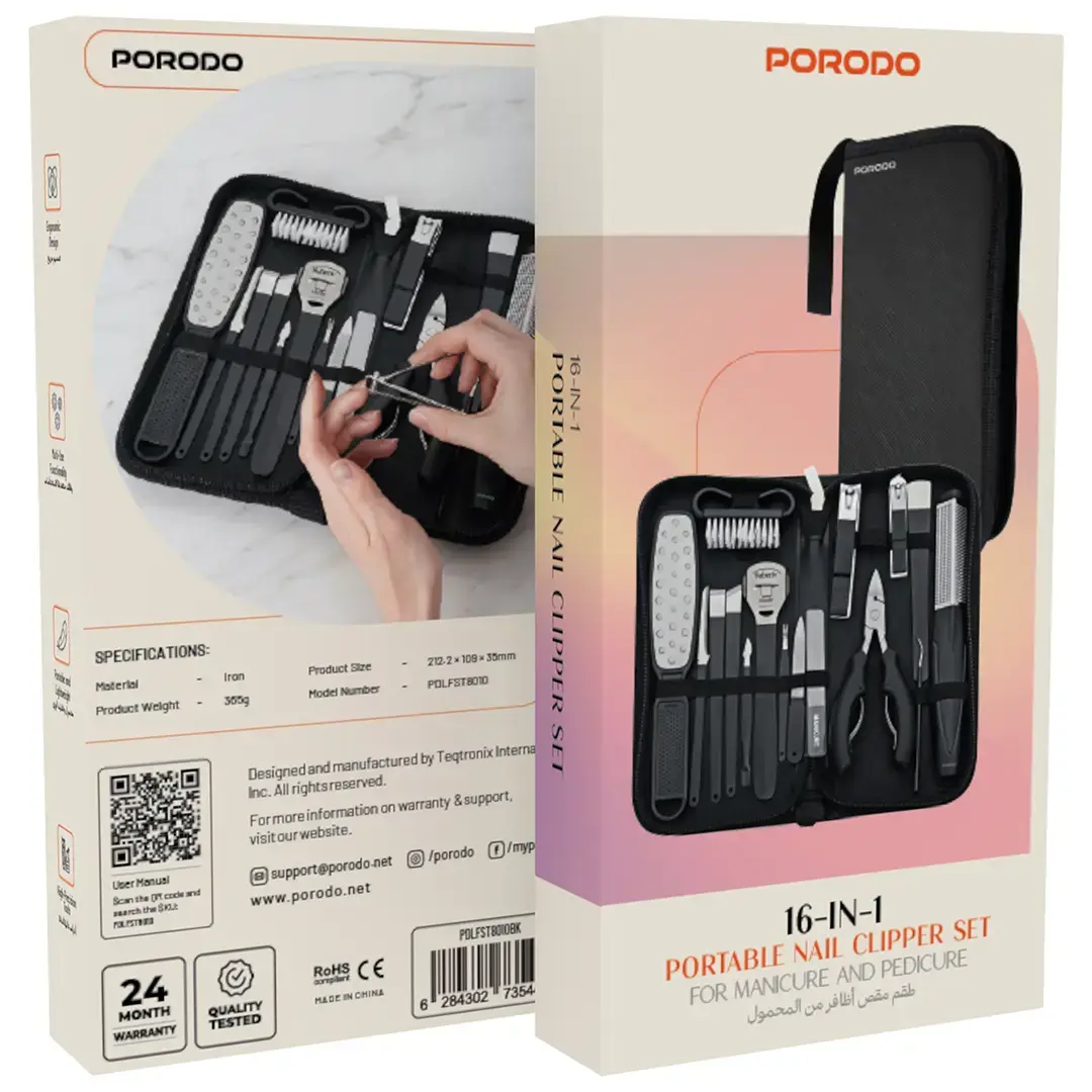 Porodo Lifestyle16 Pcs Stainless Steel Nail Clipper Set For Manicure and Pedicure