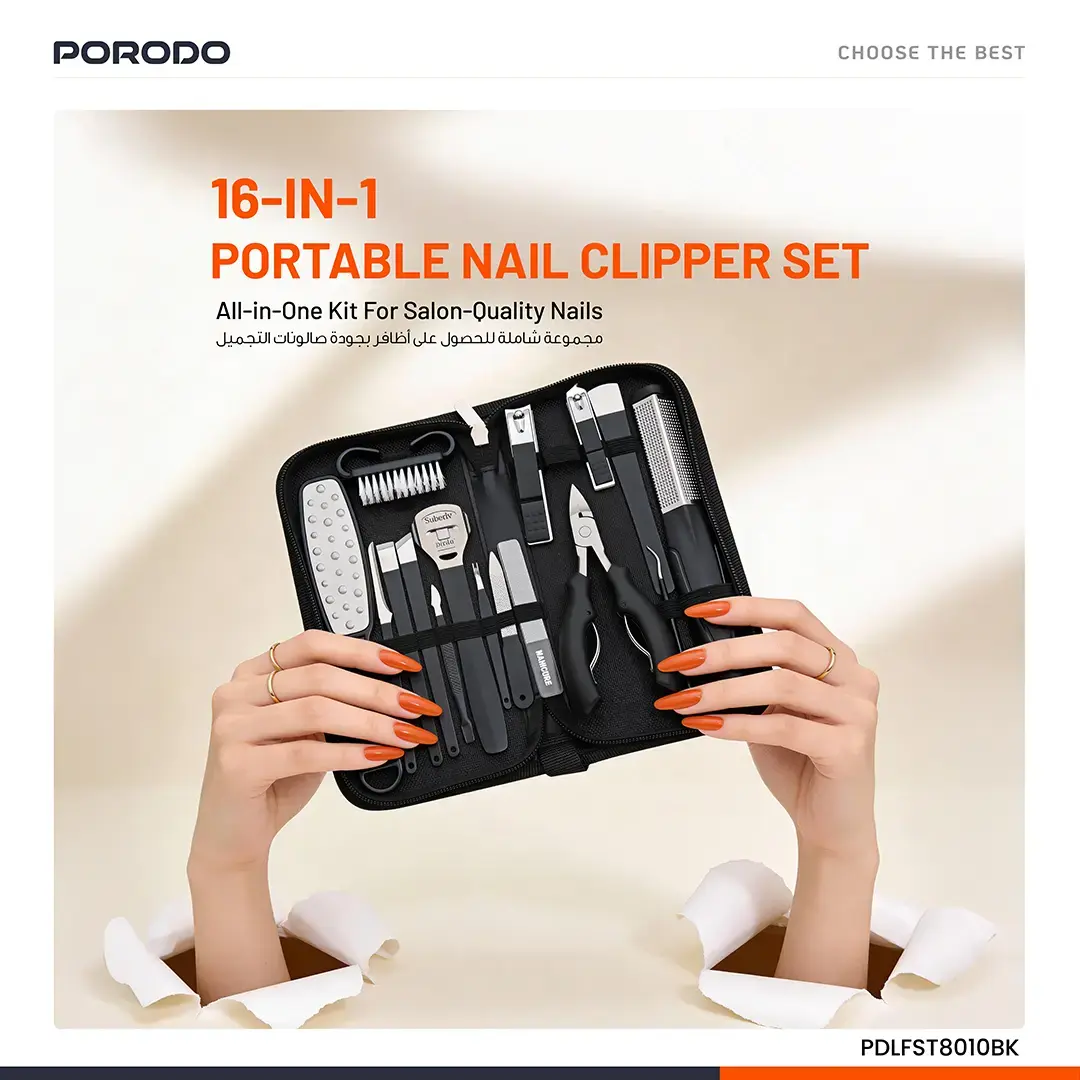 Porodo Lifestyle16 Pcs Stainless Steel Nail Clipper Set For Manicure and Pedicure