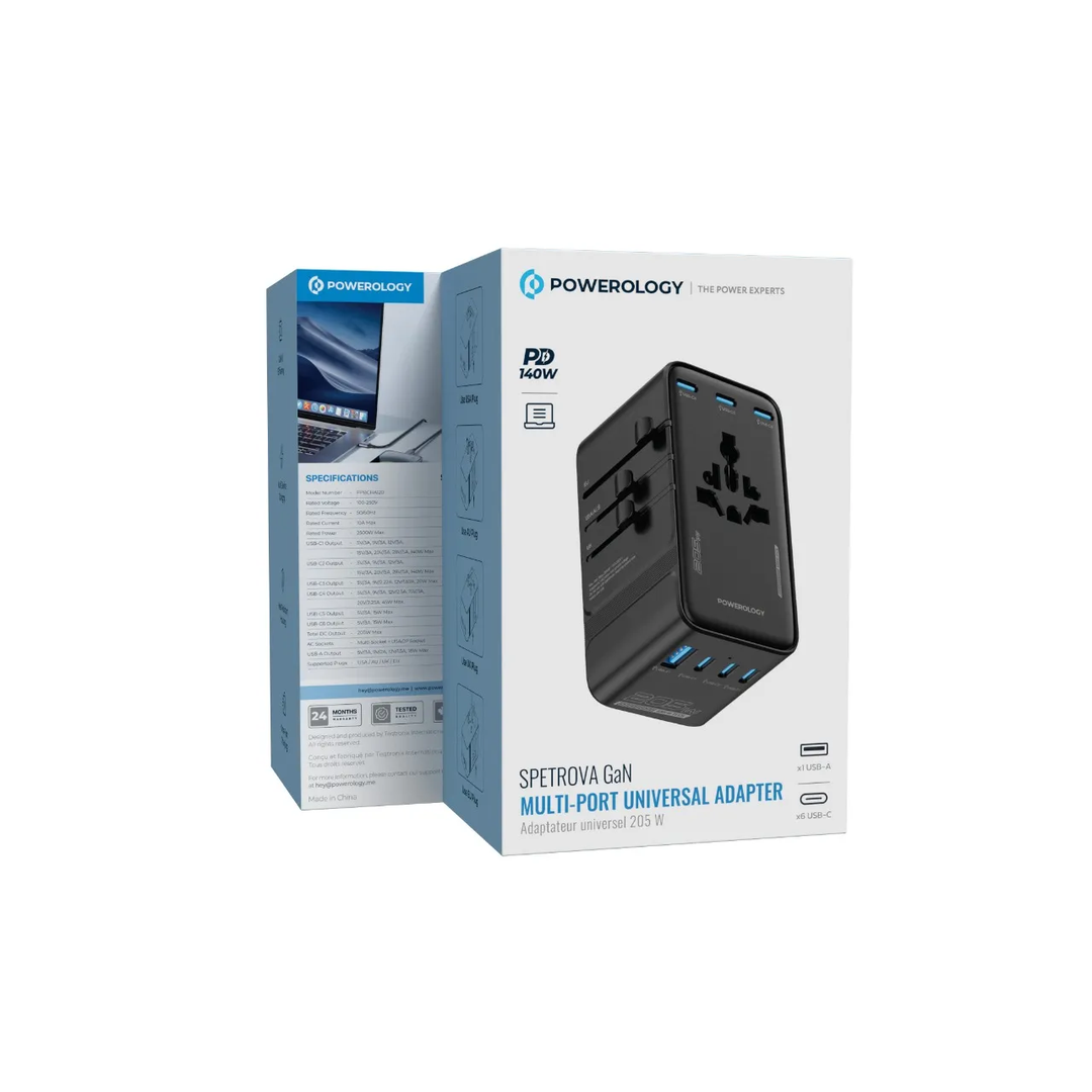 Powerology Spetrova Travel Powerstation PD205w 6x Type-c &1 Usb Gan III Tech - Black