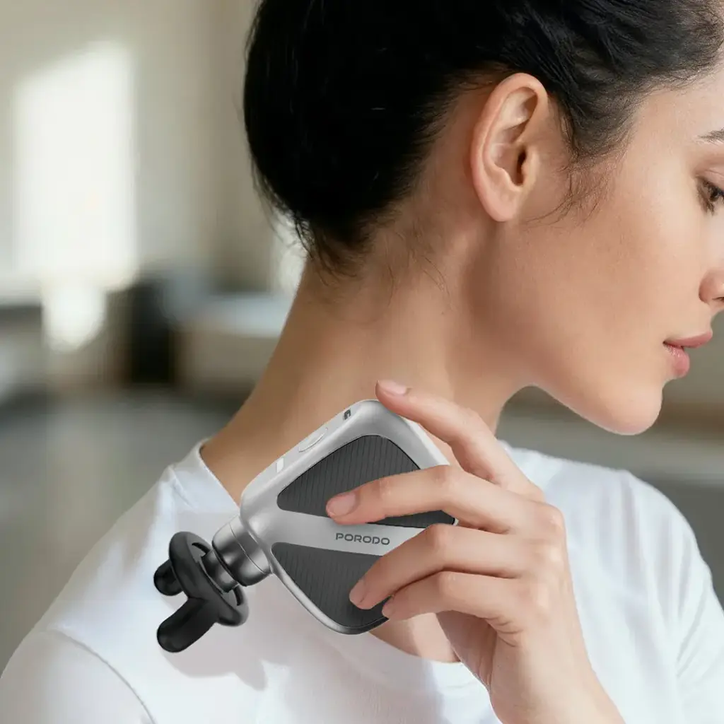 Porodo Lifestyle Pocket Sized Portable Mini Pocket Massager With 3 Massage Heads -Gray