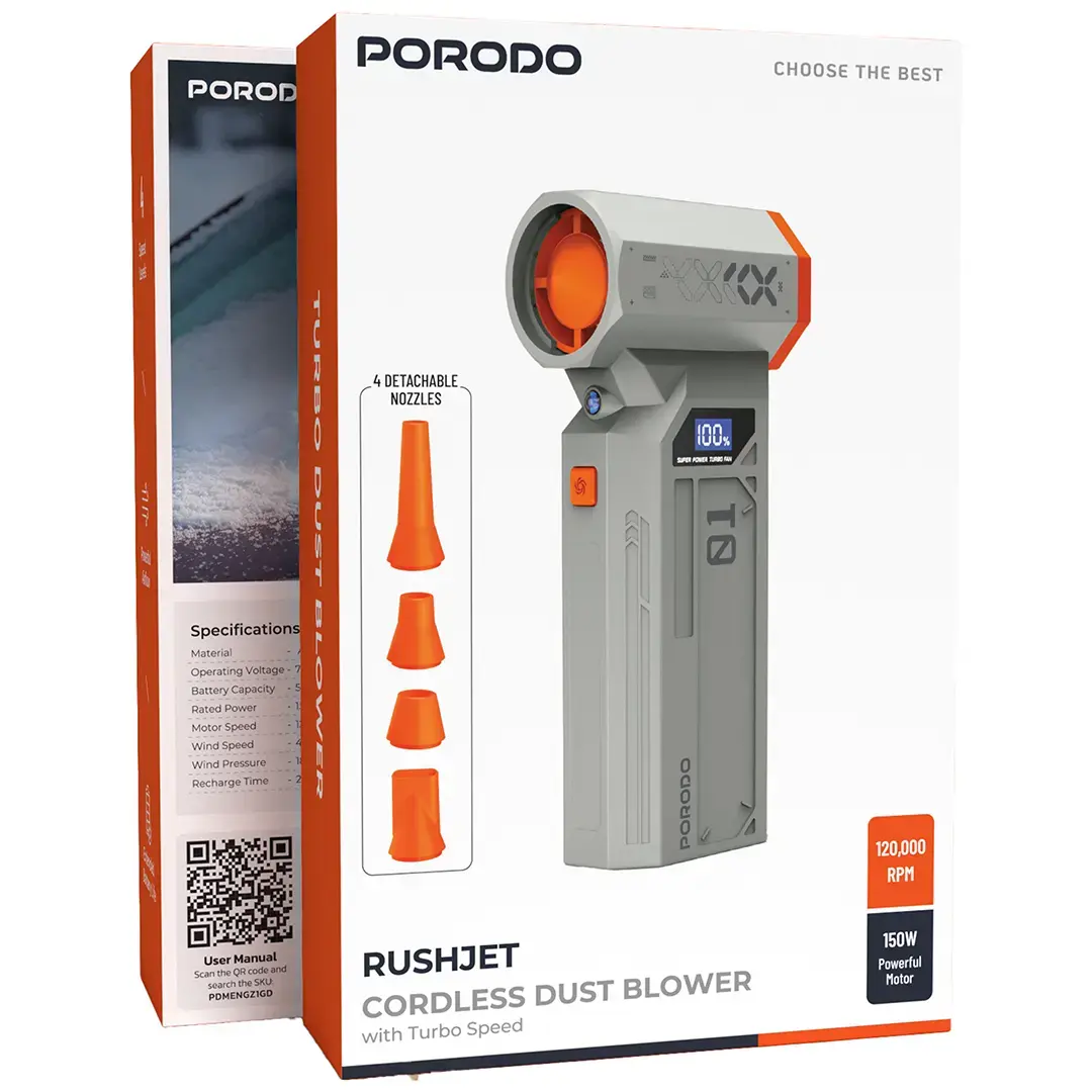 Porodo RushJet 5200 mAh 150W Dust Blower Fan With 120,000 RPM - Gold /Orange