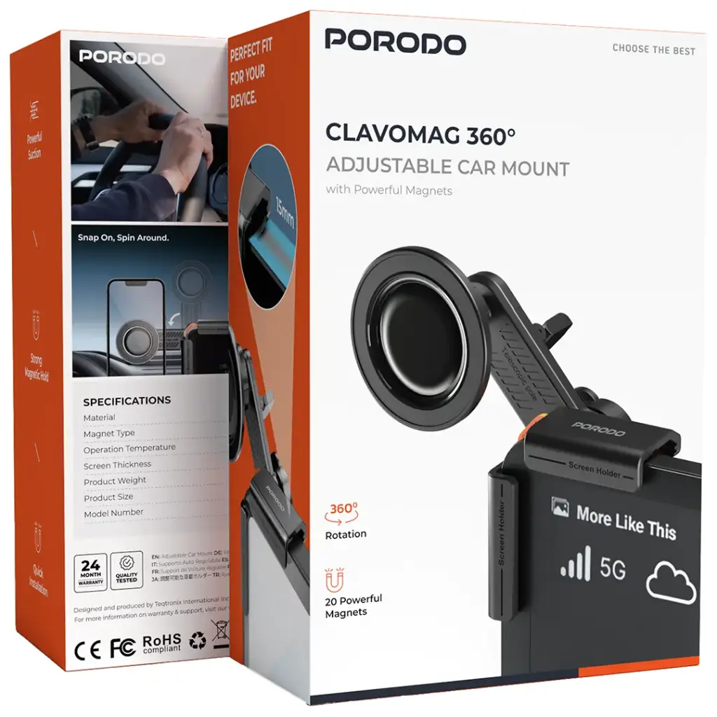 Porodo Clavomag Adjustable Magsafe Car Mount - Black