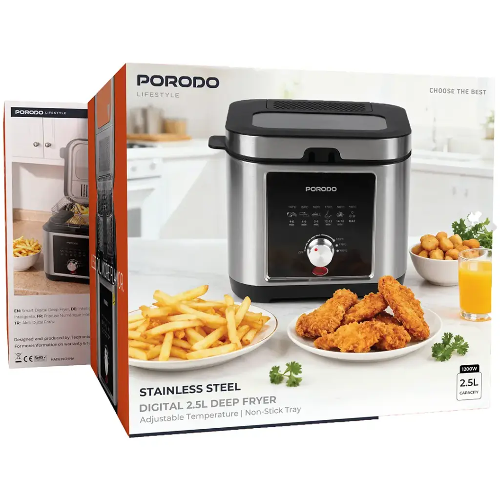 Porodo Lifestyle 2.5L Stainless Steel Deep Fryer Knob Temperature Control