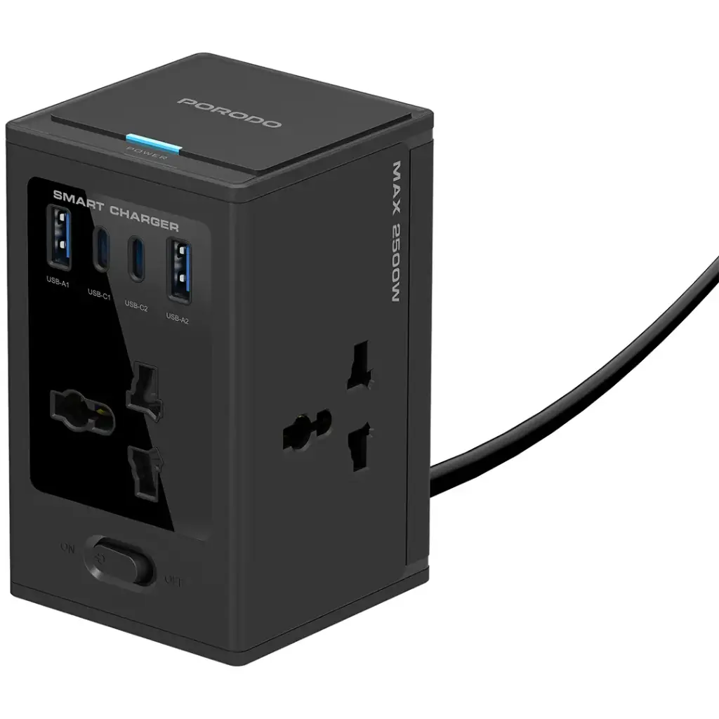 Porodo Cube Power Socket with Universal 4x Ac plugs with 2C GAN 30W - Black