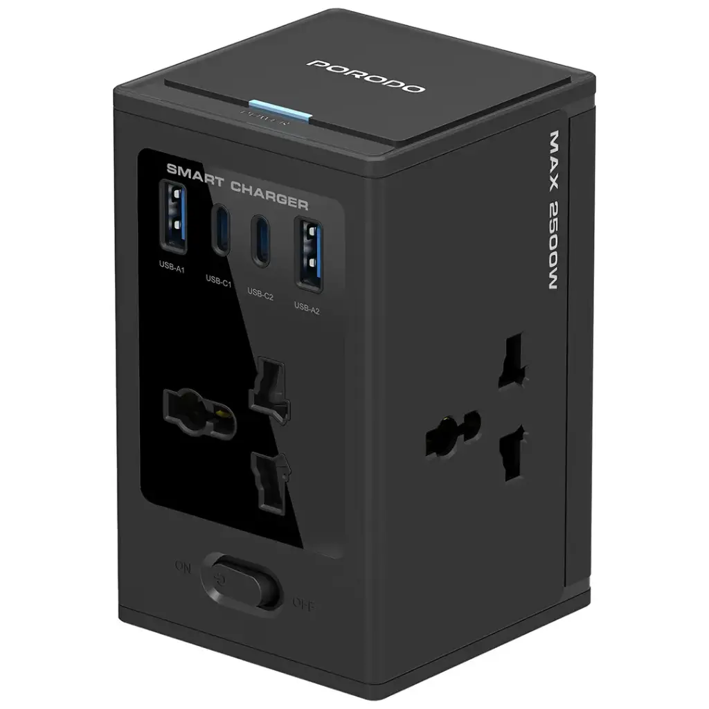 Porodo Cube Power Socket with Universal 4x Ac plugs with 2C GAN 30W - Black