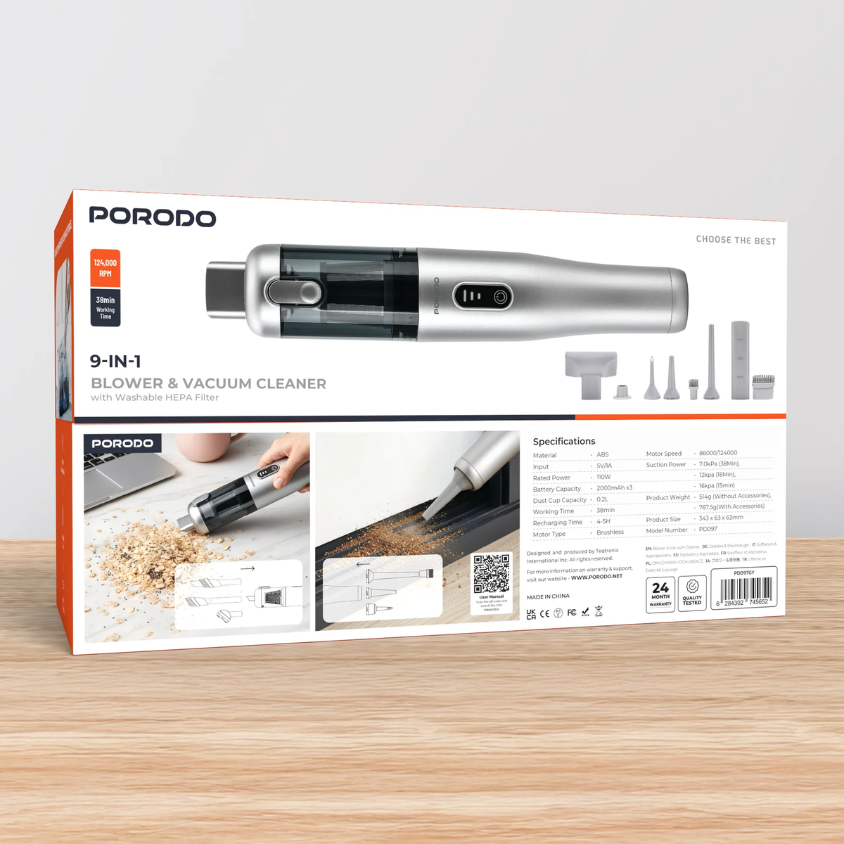 Porodo 9 in 1 Blower + Vaccum with 110W and 38mins Working Time - Grey