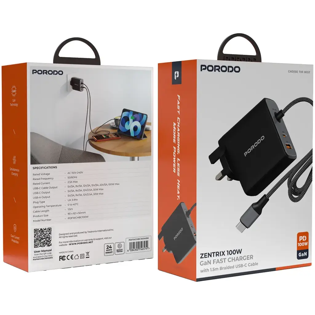 Porodo Zentrix 100w Built-in Cable Adaptor with 1 USB-C & 1 USB-A Port - Black