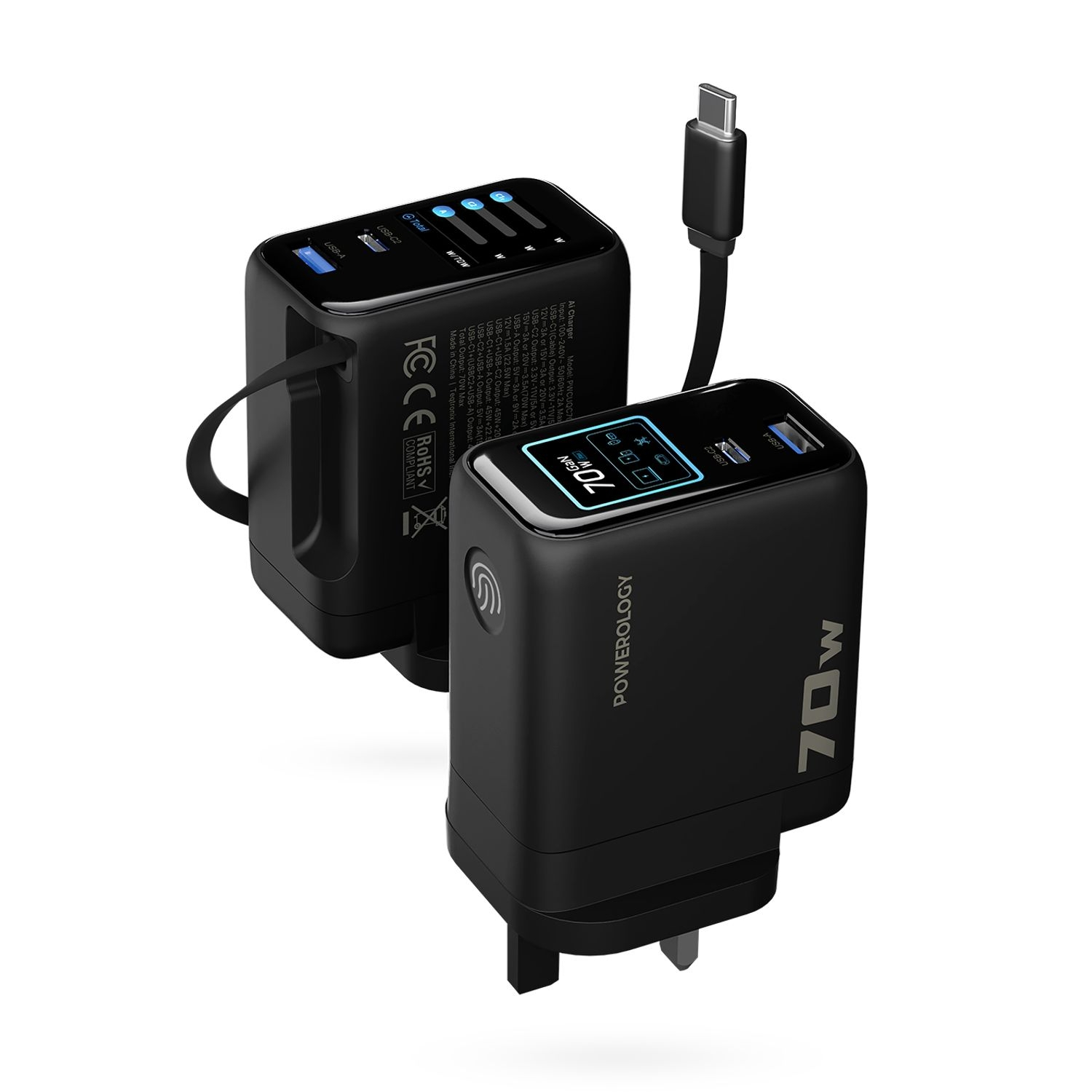 Powerology 70W TFT Adaptor with Retractable Cable 1C & 1A - Black