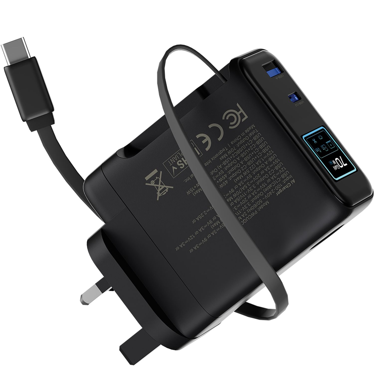 Powerology 70W TFT Adaptor with Retractable Cable 1C & 1A - Black