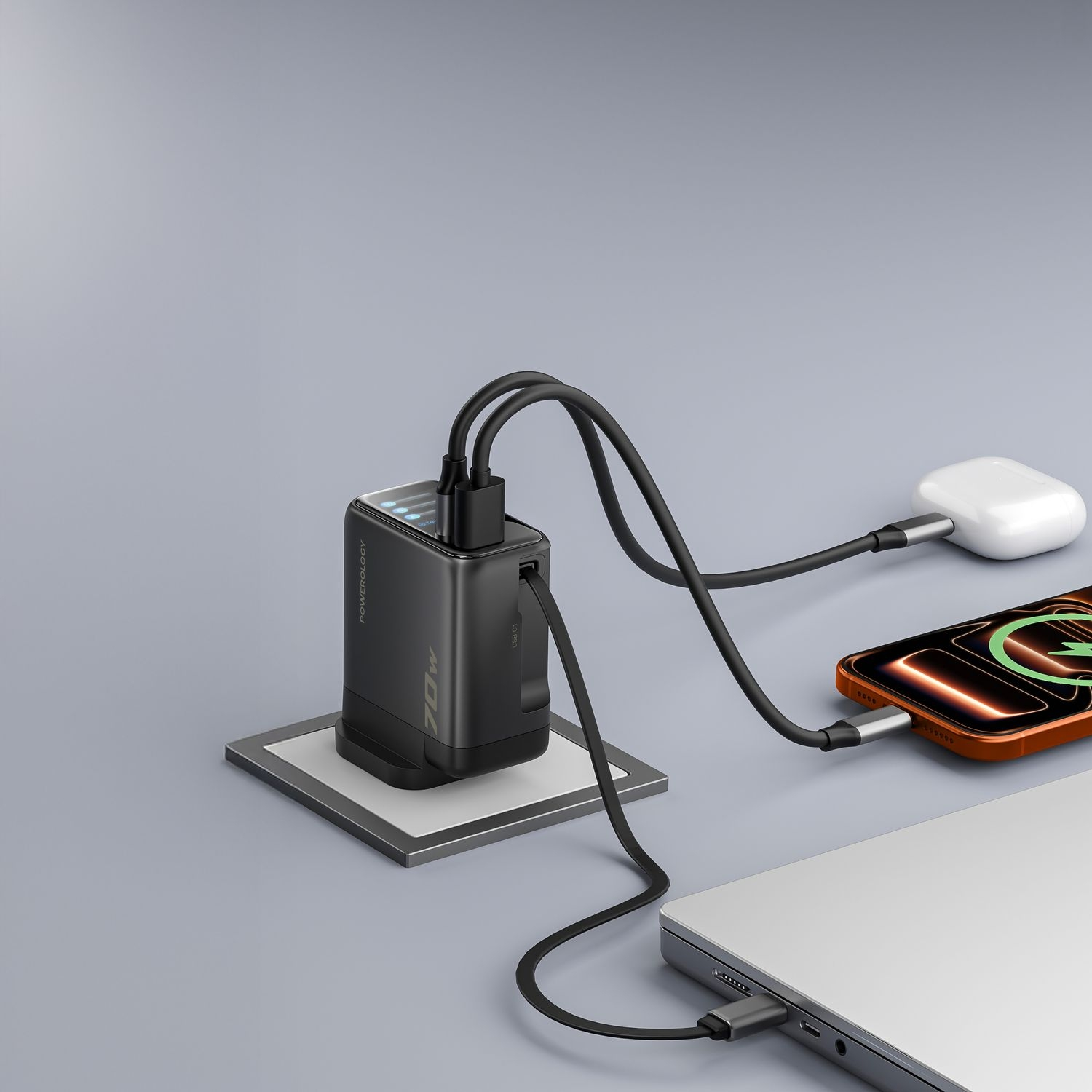 Powerology 70W TFT Adaptor with Retractable Cable 1C & 1A - Black