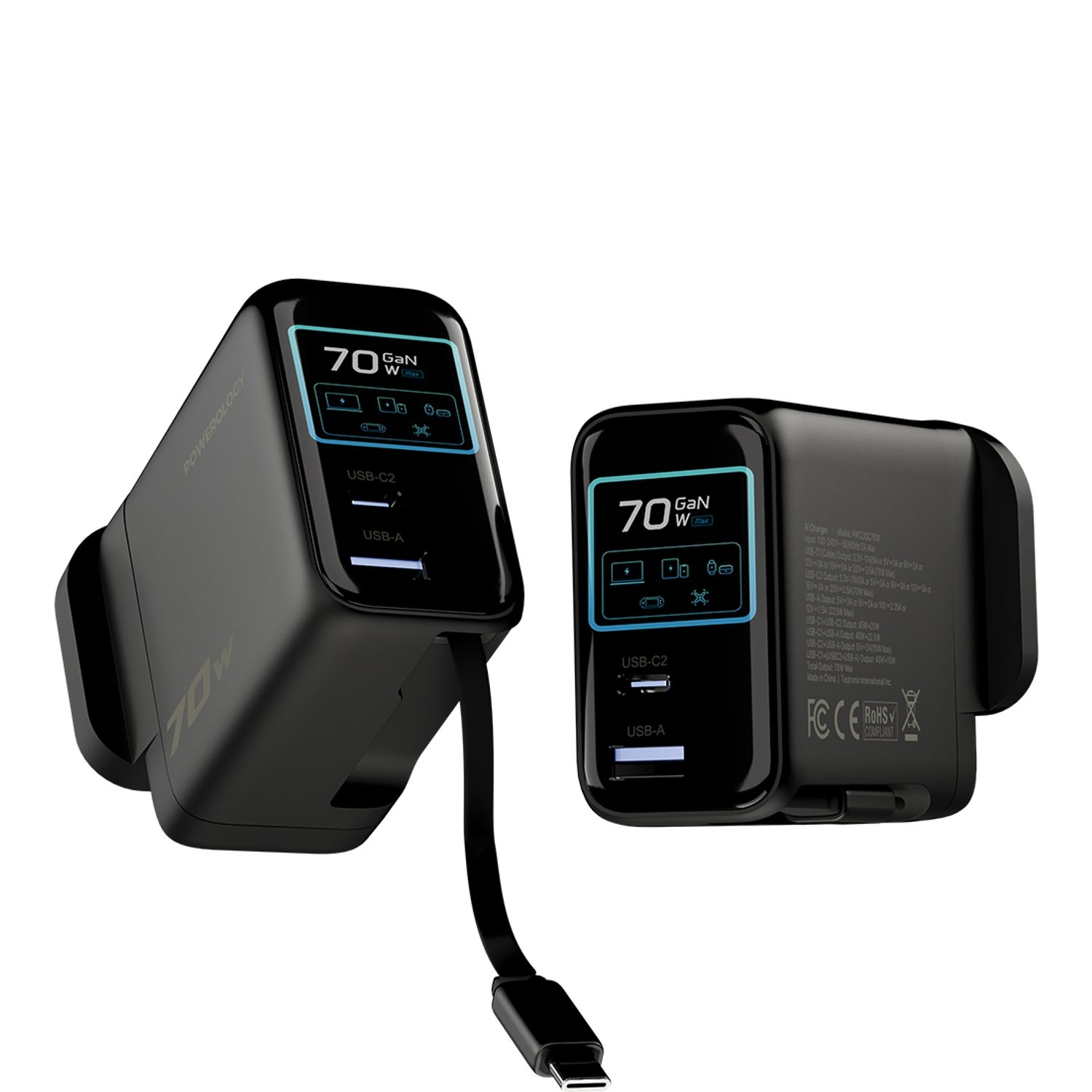 Powerology 70W TFT Adaptor with Retractable Cable 1C & 1A - Black