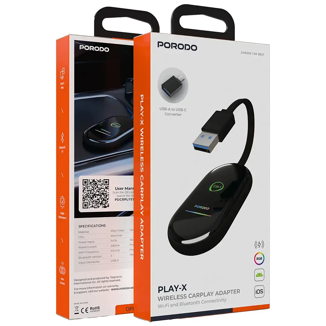 Porodo Play-X 2 in1 Wireless Android Carplay Adaptor with Wi-Fi and Bluetooth Connectivity - Black