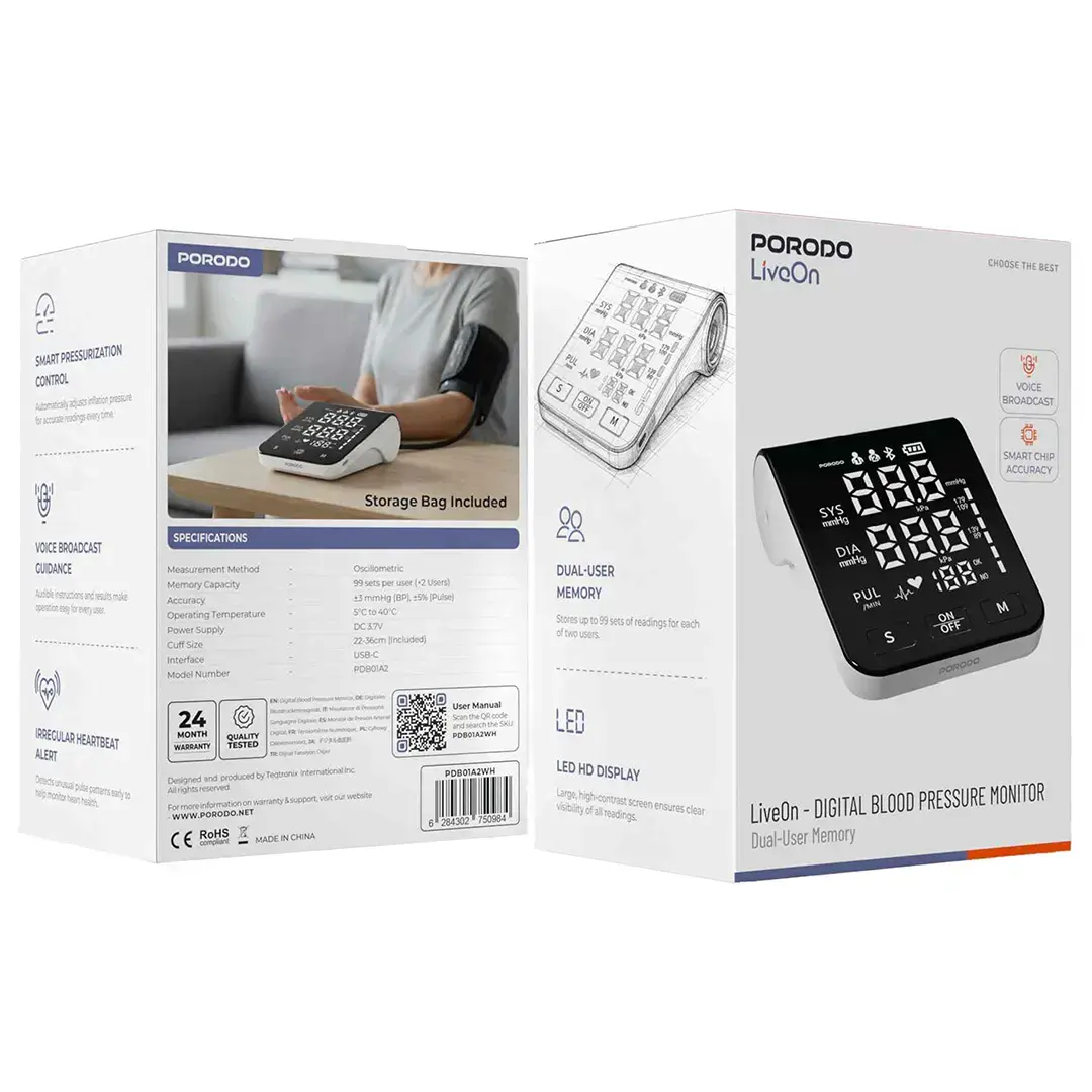 Porodo Rechargeable Upper Arm BP Monitor - White