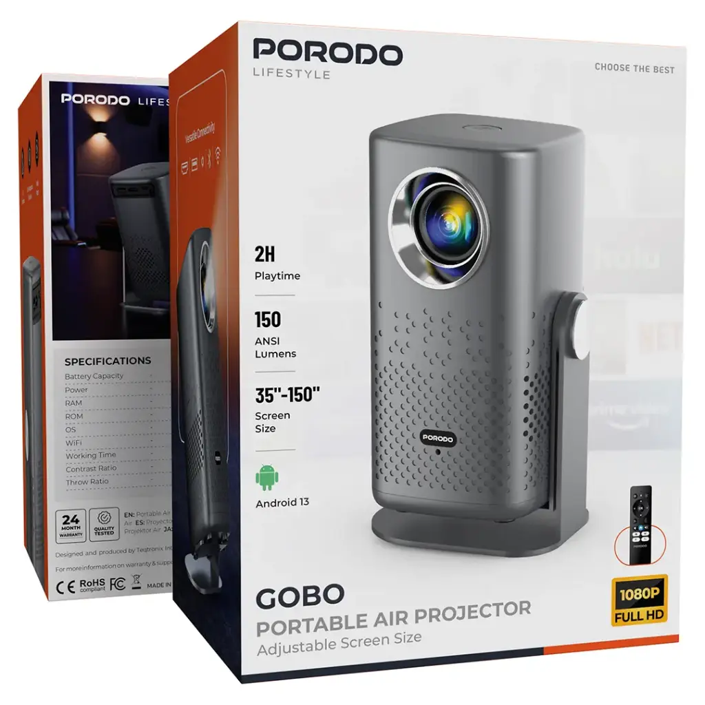 Porodo Gobo Lifestyle Portable Projector with stand 2H playtime 1080p 150 Lumens