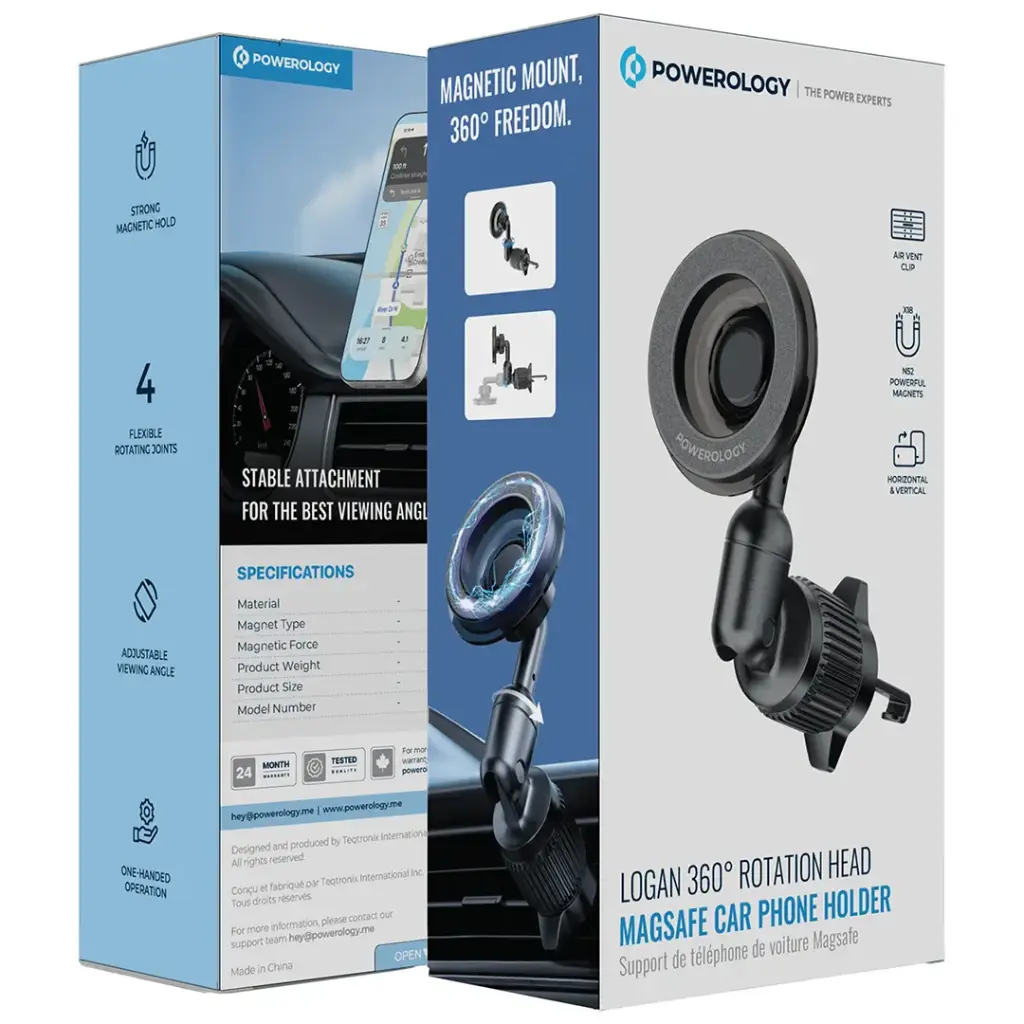 Powerology Logan Magsafe 360 Degree Rotation Head Car Phone Holder - Black