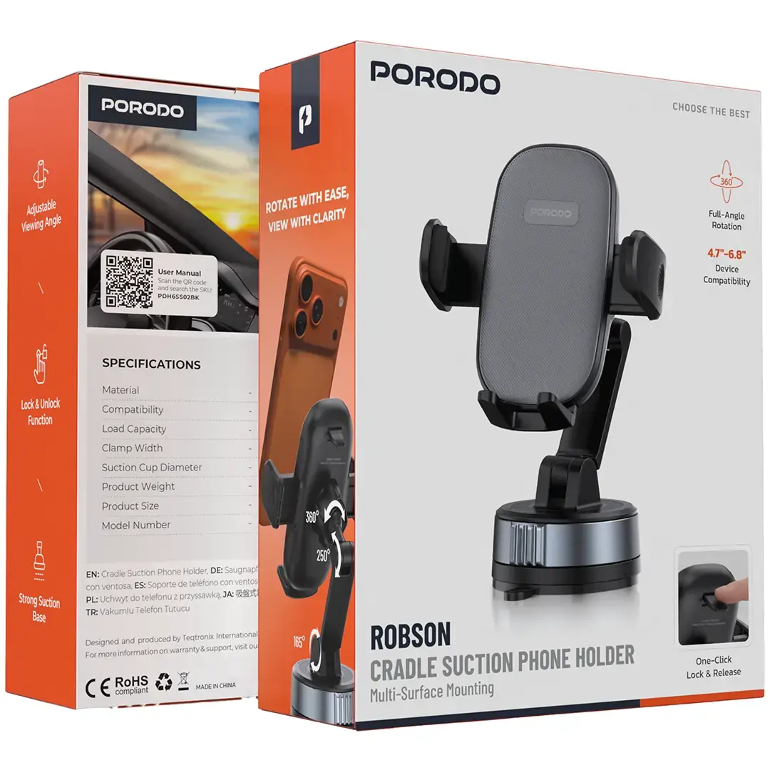 Porodo Robson Cradle Suction Car Phone Mount - Black