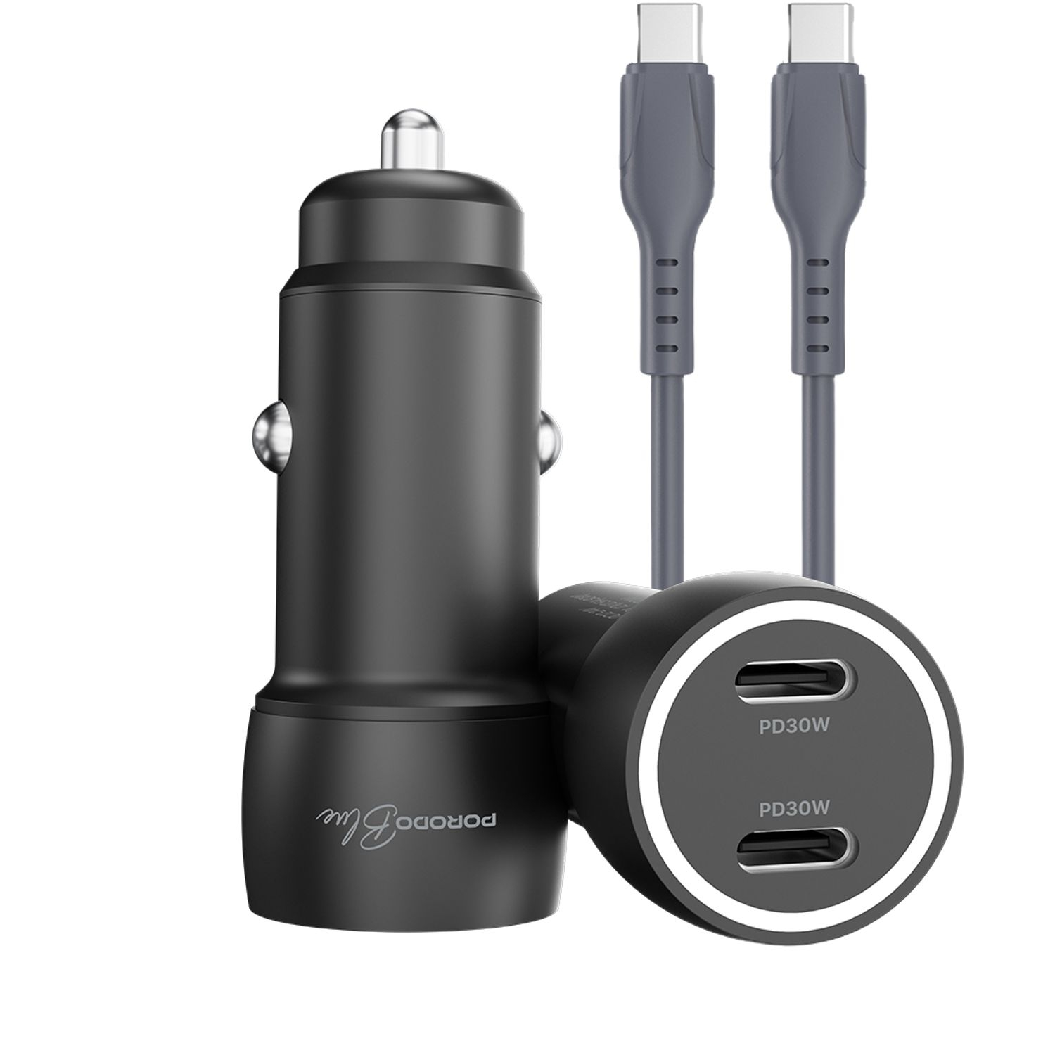Porodo Blue Riva PD 60W Type-Cx2 Car Charger With C to C Cable - Black