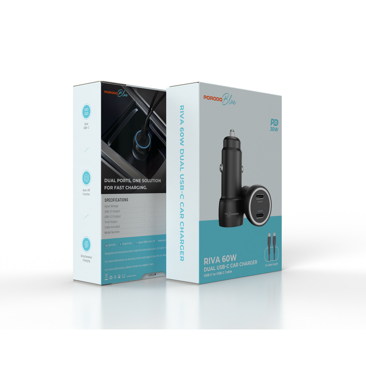 Porodo Blue Riva PD 60W Type-Cx2 Car Charger With C to C Cable - Black