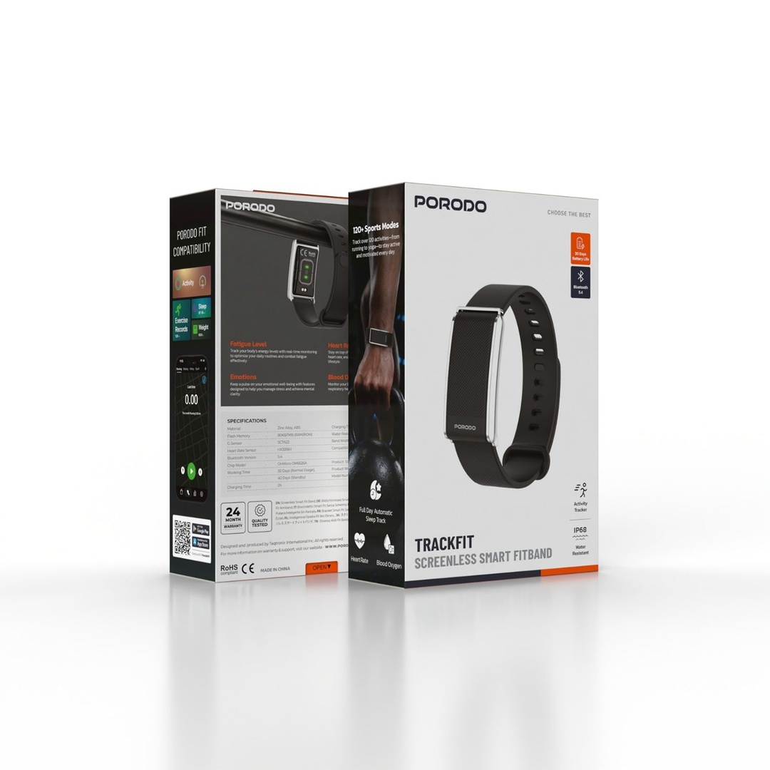 Porodo Trackfit Screenless Silicone Fitband BlackStrap Silver Case PDSB1062BK