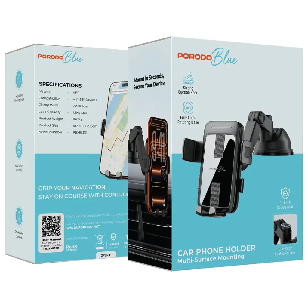 Porodo Blue Car Phone Holder with Rotatable Base - Black