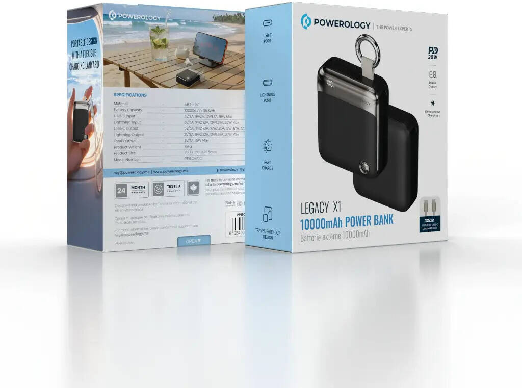 Powerology Legacy X1 10000mAh Power Bank with PD22.5W Type C & 20W Lightning C to C Cable
