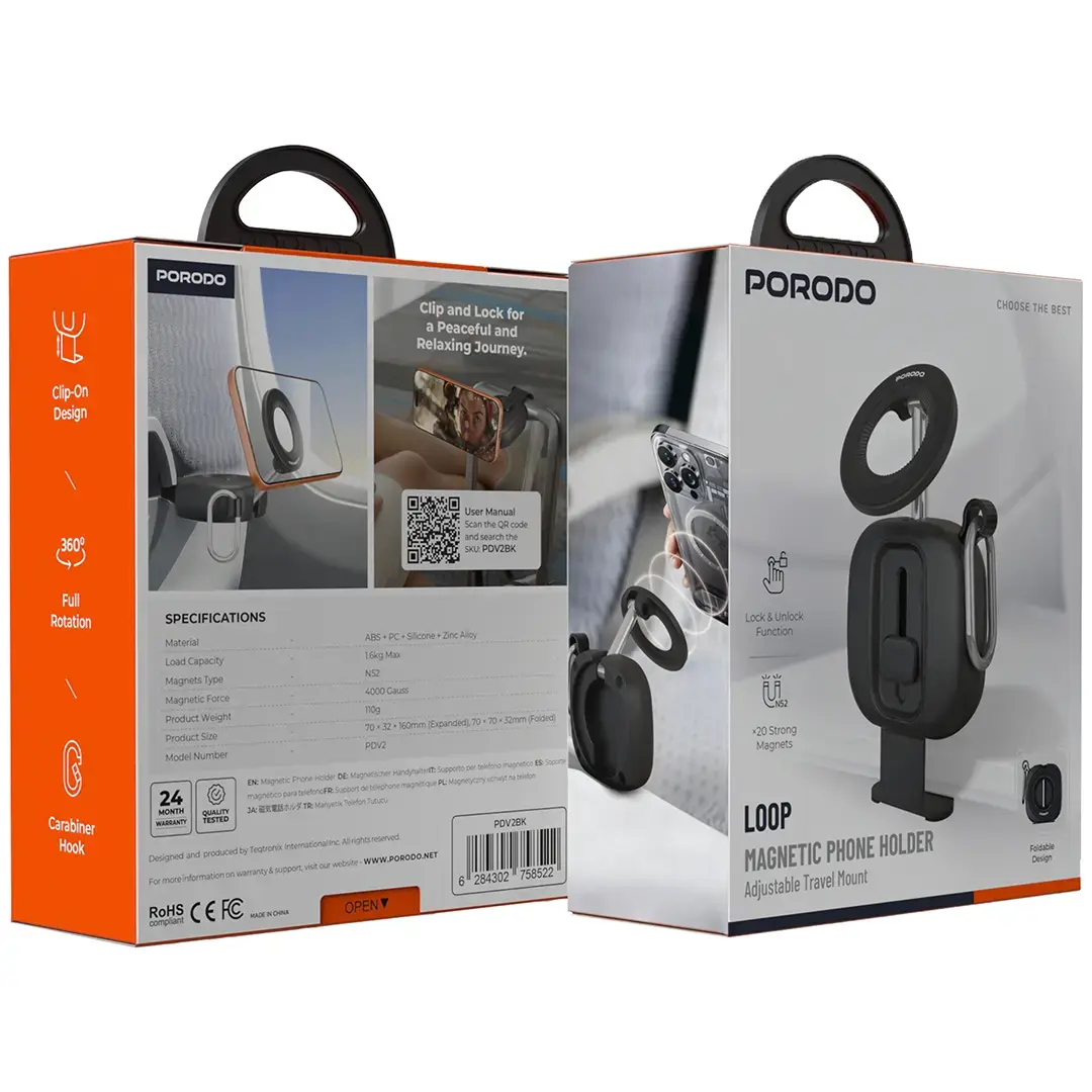 Porodo Loop Adjustable Travel Mount Magnetic Phone Holder - Black