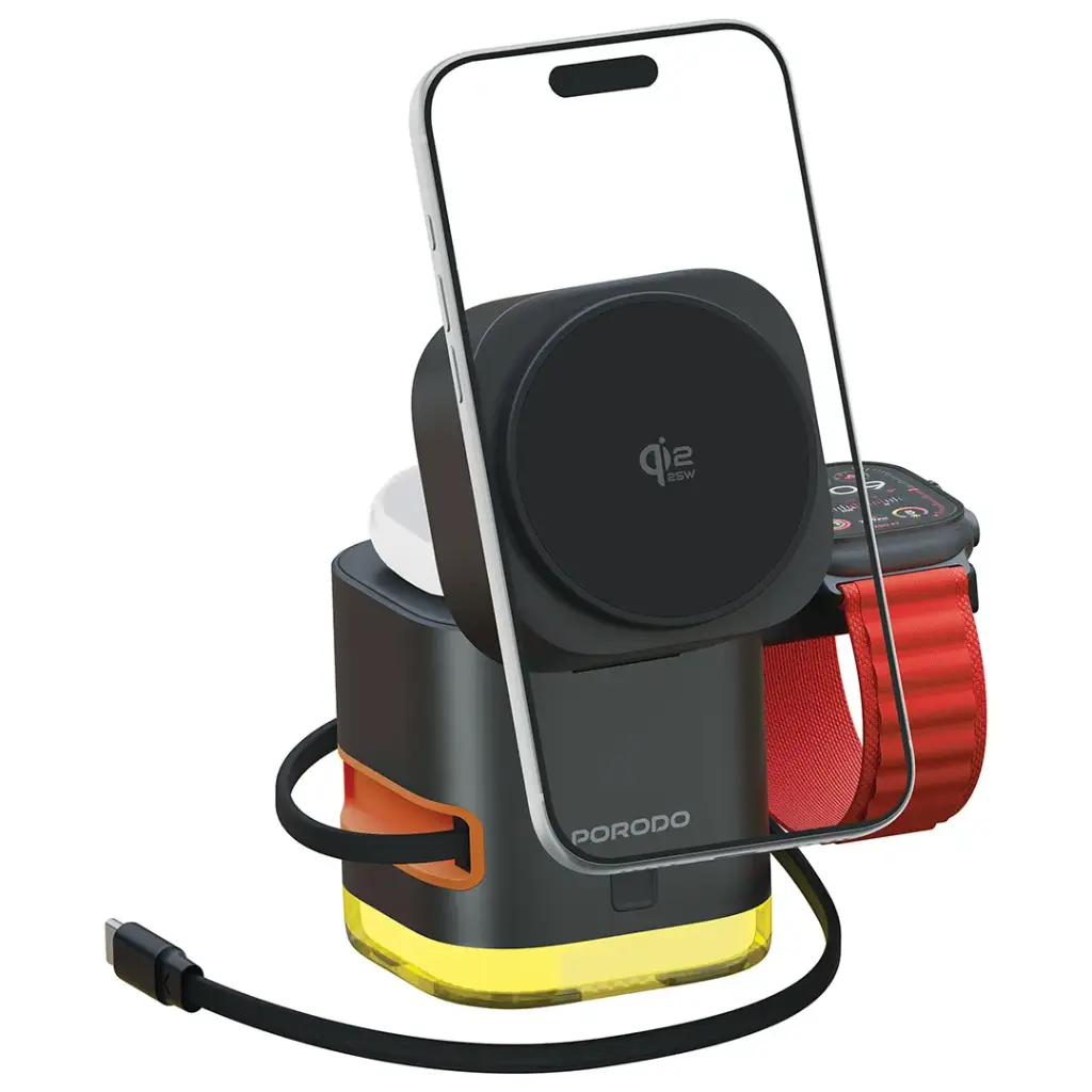 Porodo Xpert 5 in 1 QI2.2 25 Watts Wireless Charger With LED Light and Retractable cable