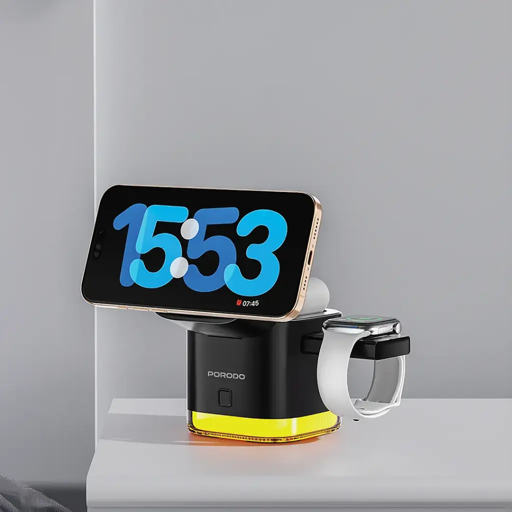 Porodo Xpert 5 in 1 QI2.2 25 Watts Wireless Charger With LED Light and Retractable cable