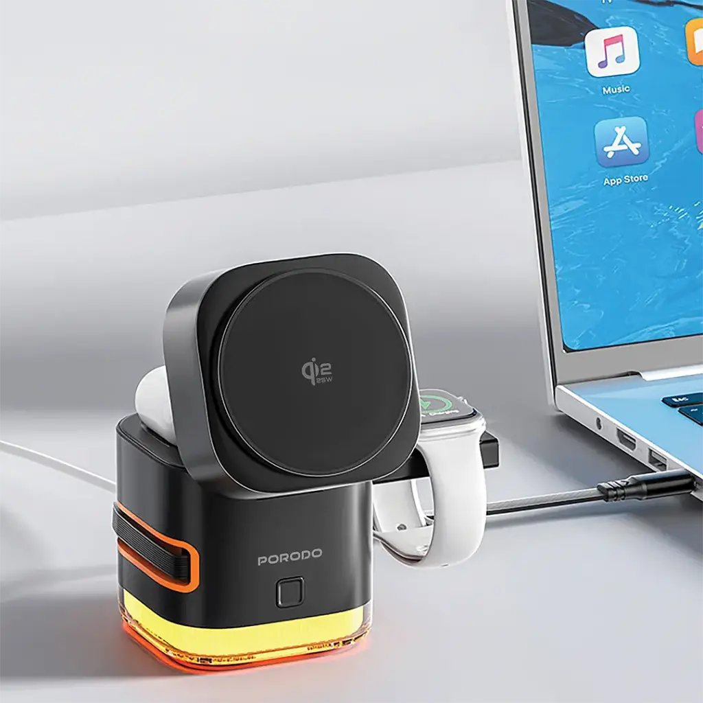Porodo Xpert 5 in 1 QI2.2 25 Watts Wireless Charger With LED Light and Retractable cable