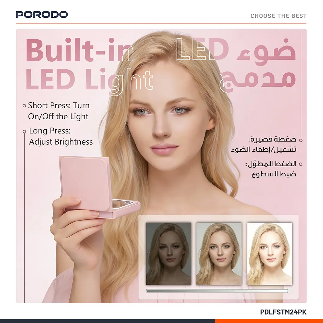 Porodo Lifestyle Lily Foldable HD Led Mirror with PU Case- Pink