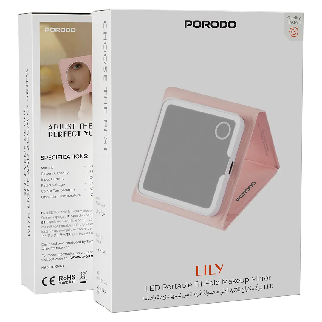 Porodo Lifestyle Lily Foldable HD Led Mirror with PU Case- Pink