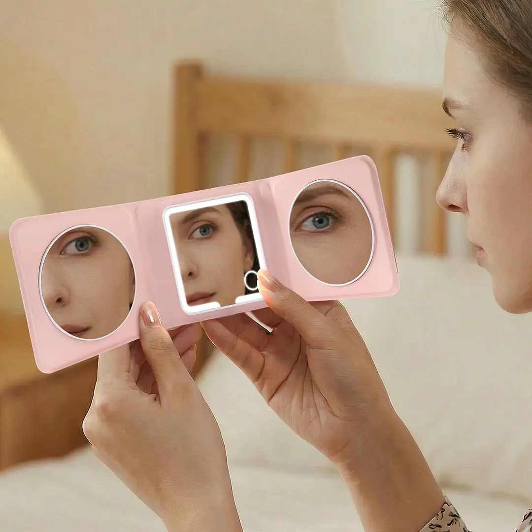 Porodo Lifestyle Lily Foldable HD Led Mirror with PU Case- Pink