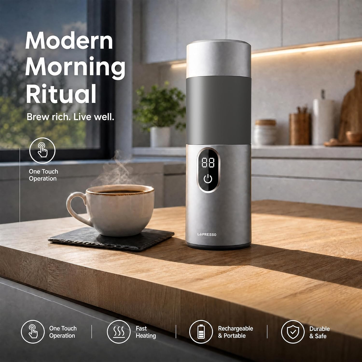 LePresso MokaRise Electric Moka Maker (Car+Home Plug) - Silver