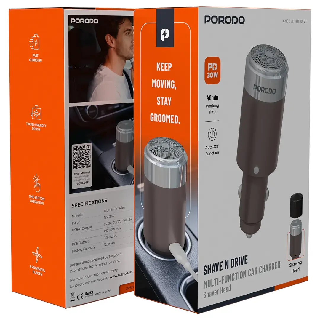 Porodo Shave N Drive PD 30W Car Charger With Shaver - Mettalic Brown