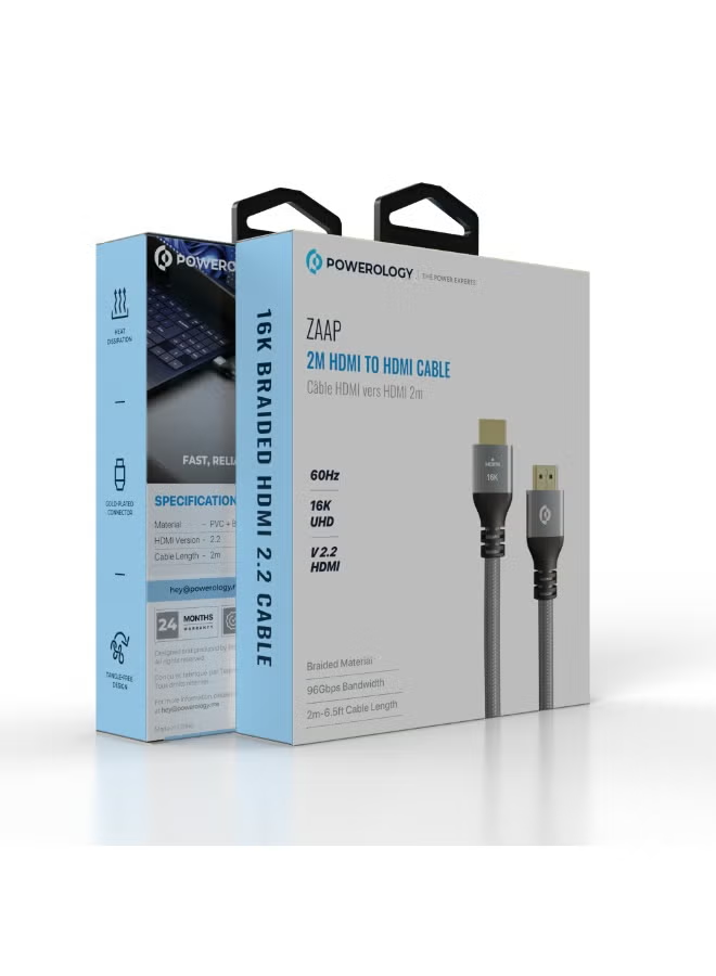 Powerology 16K HDMI to HDMI V2.2 Cable 2M - Grey