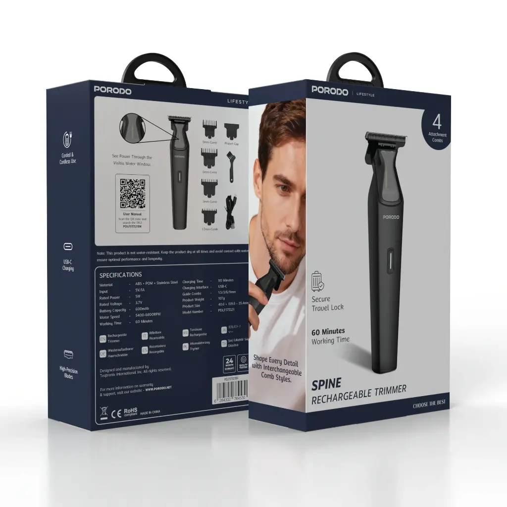 Porodo Spine Lifestyle 600 mAh Rechargeable Trimmer with Type-C port