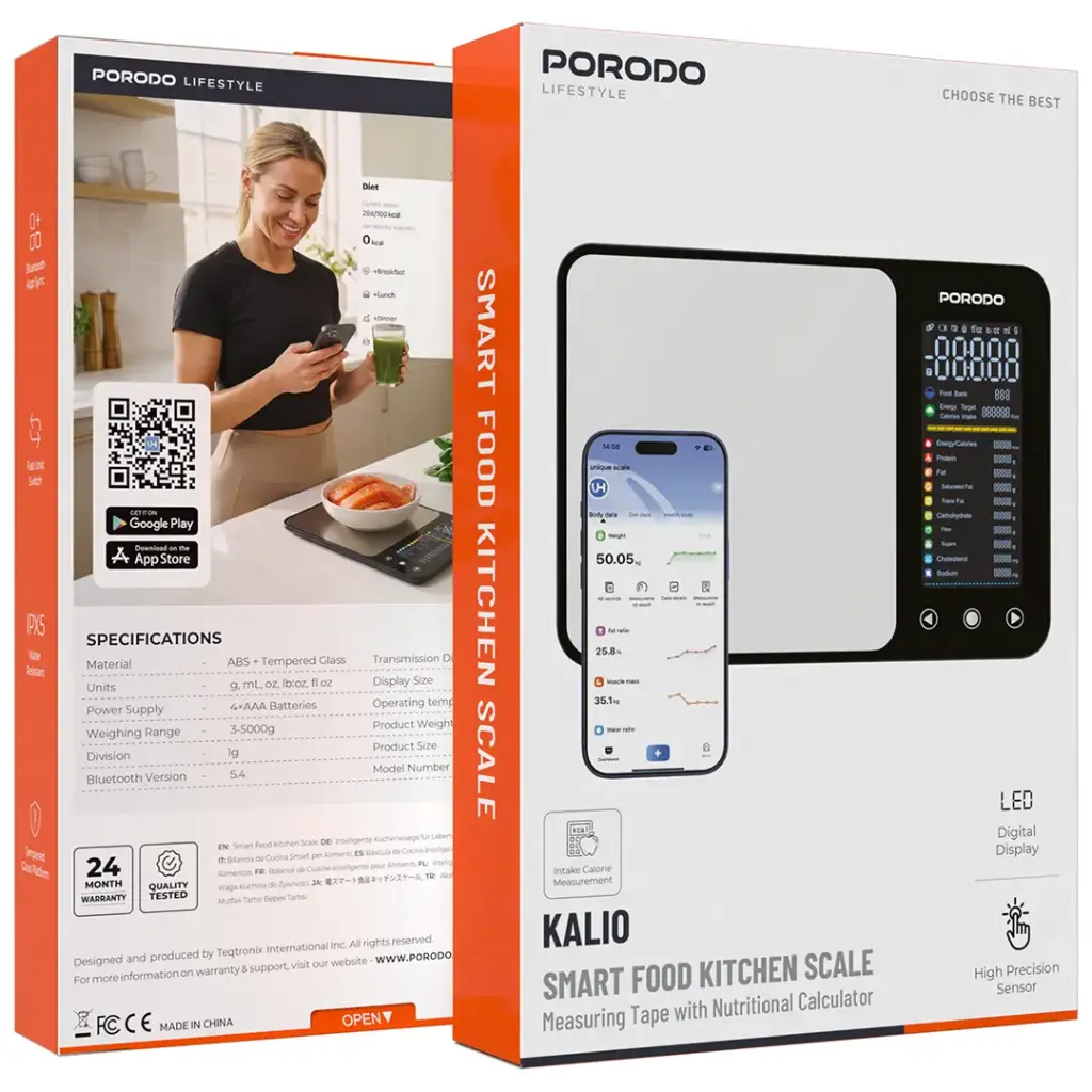 Porodo Lifestyle Kalio Smart Food Kitchen Scale with Nutritional Calculator - Silver