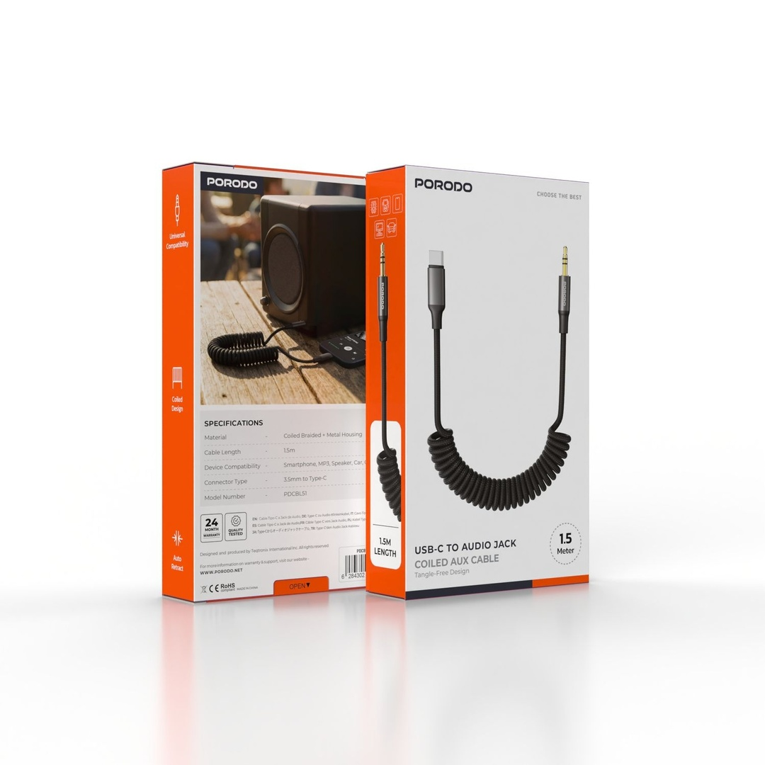 Porodo Type-C to AUX 3.5mm Coiled Braided 1.5m cable