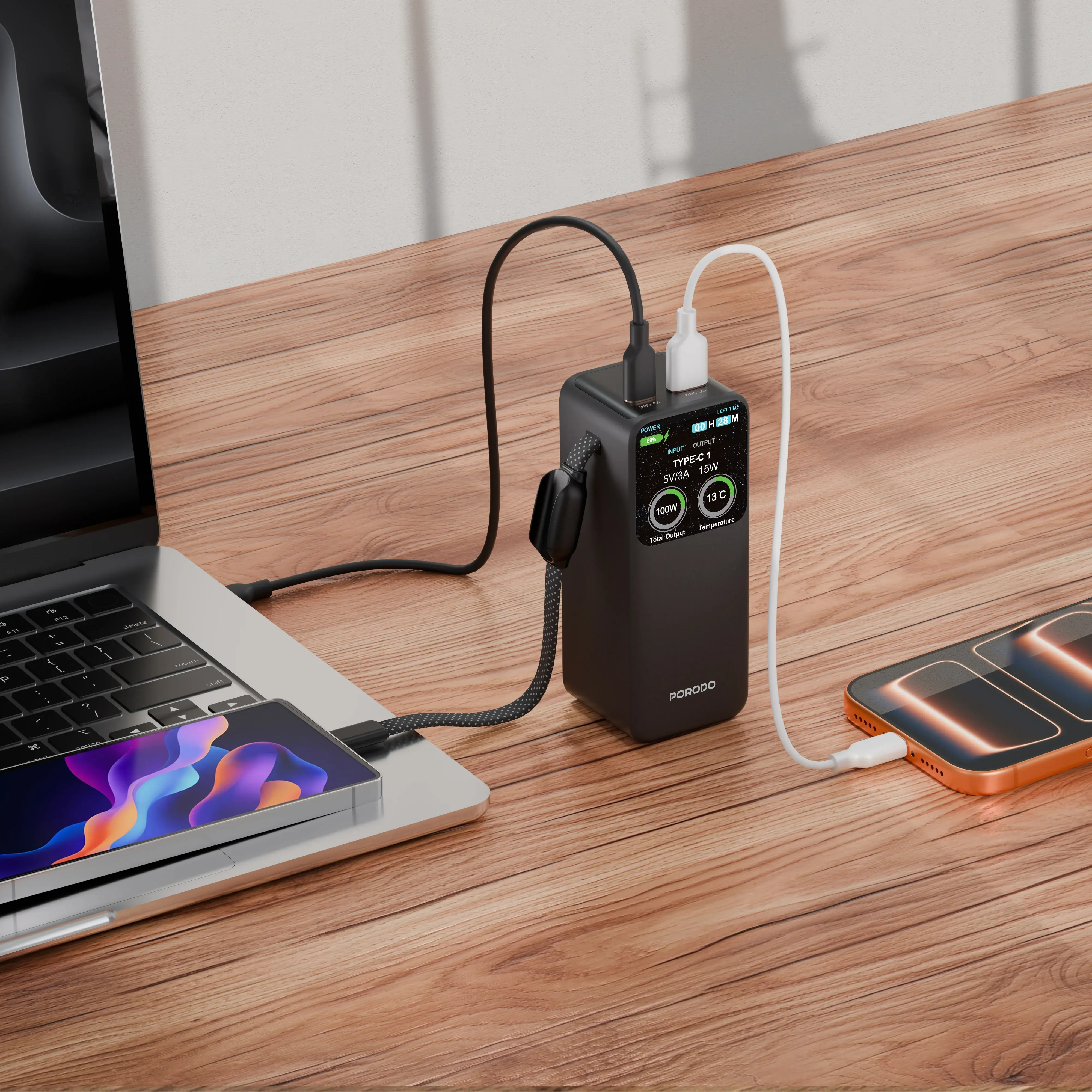 Porodo POLO 10000mAh POWER BANK Built-in USB-C Cables- Black