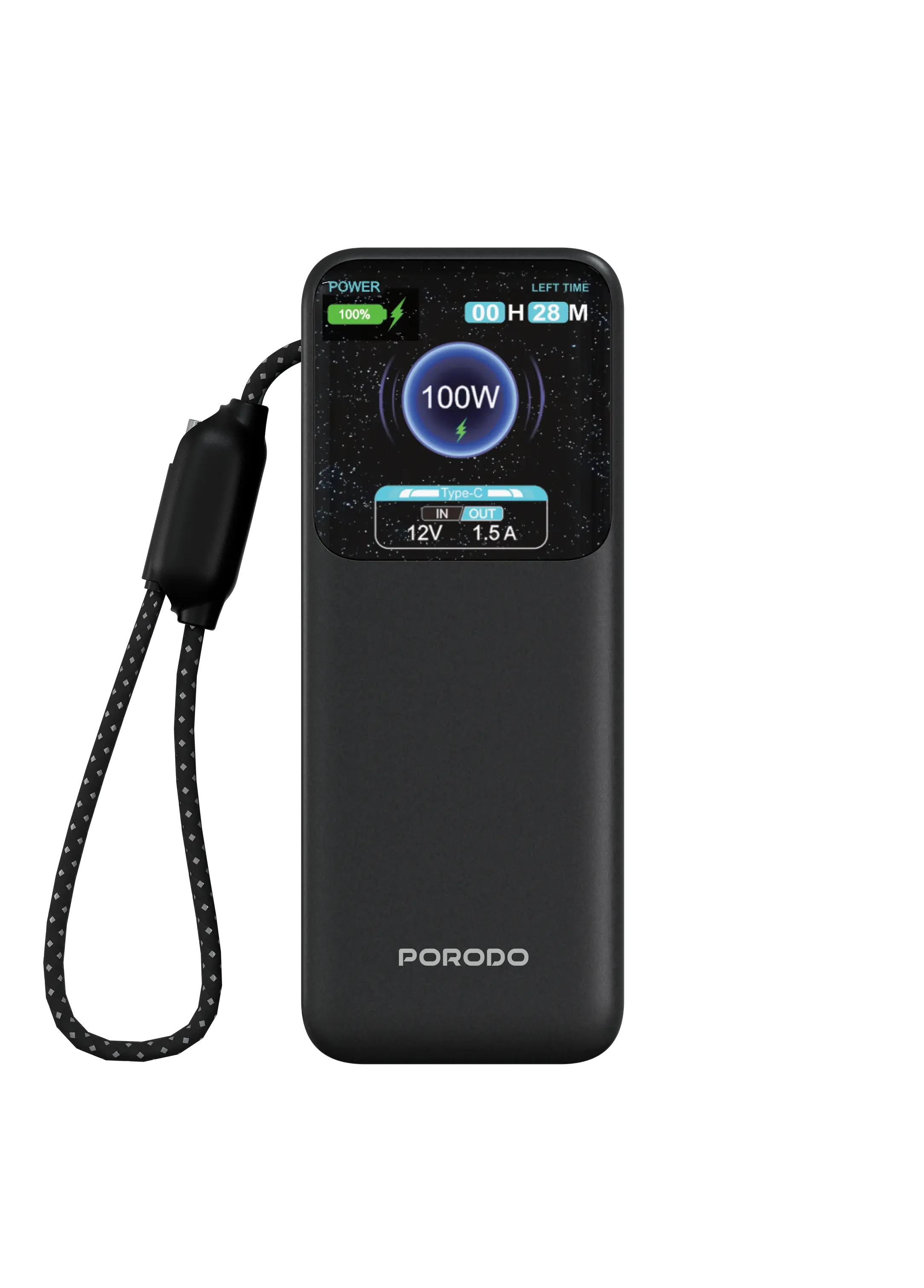 Porodo POLO 10000mAh POWER BANK Built-in USB-C Cables- Black