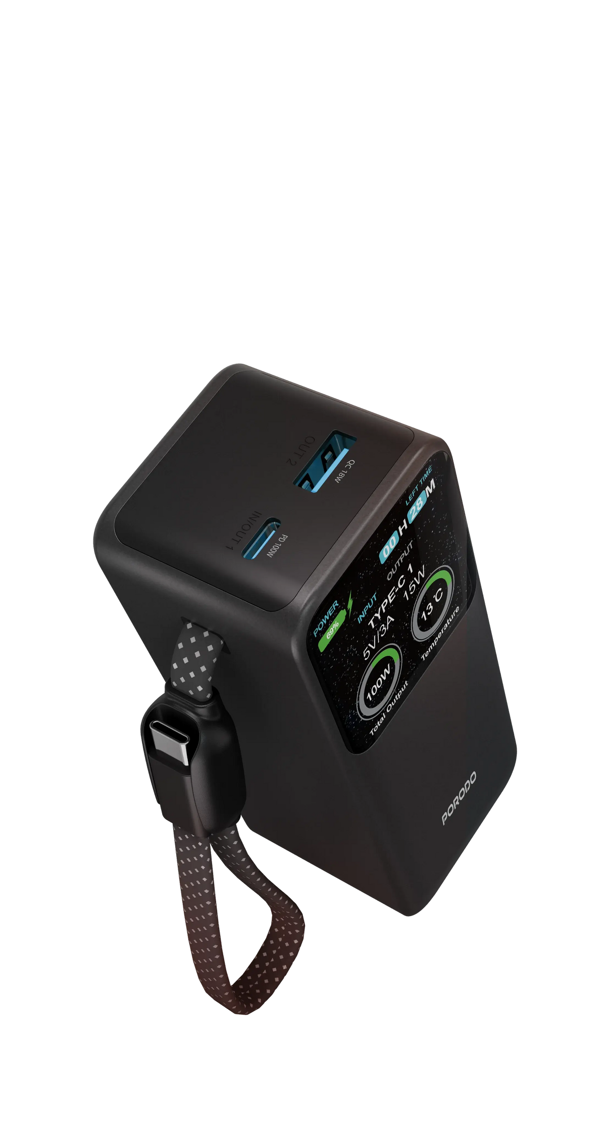 Porodo POLO 10000mAh POWER BANK Built-in USB-C Cables- Black