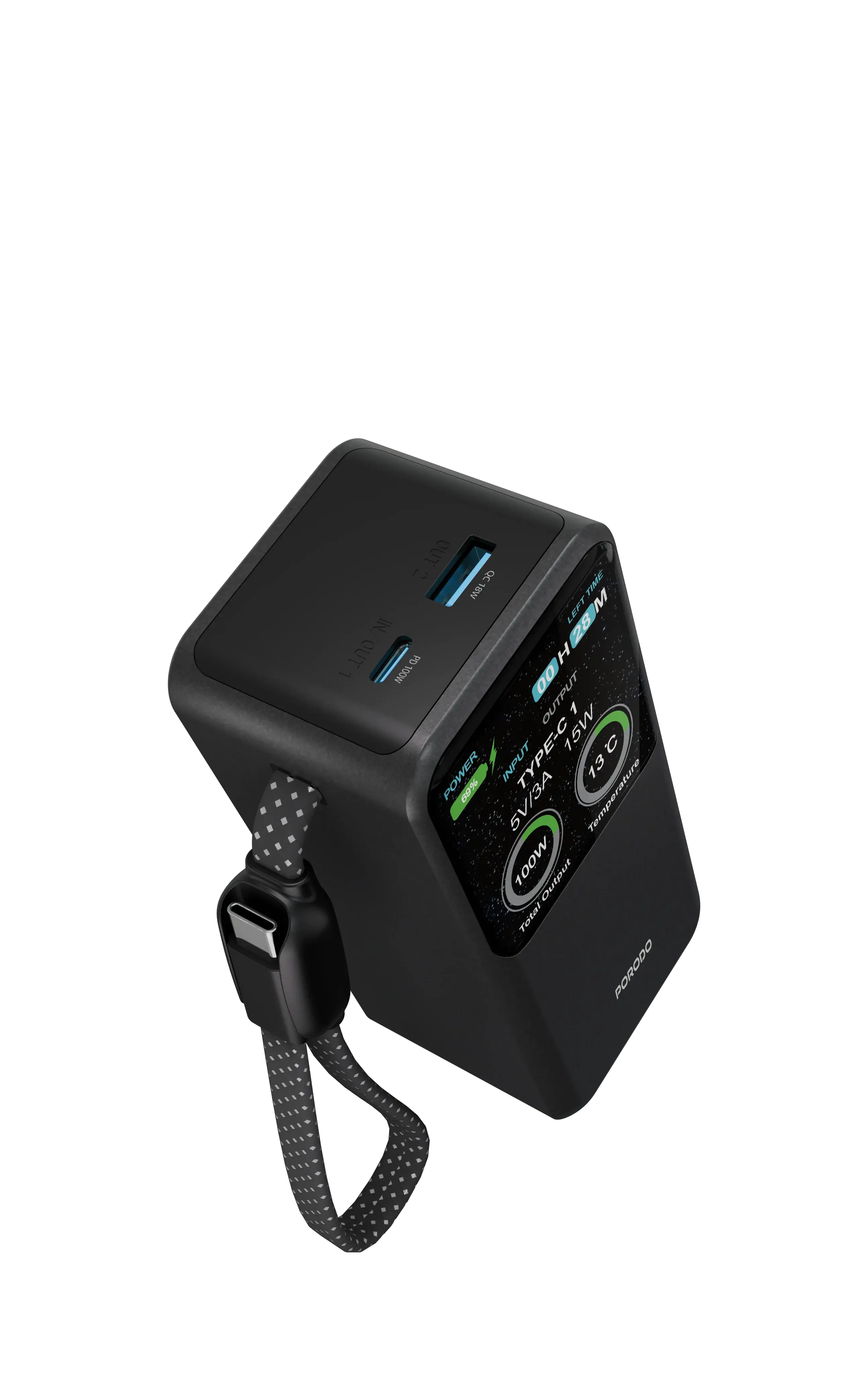 Porodo Polo 20000MAH 100w Powerbank With Type-C to c Cable - Black