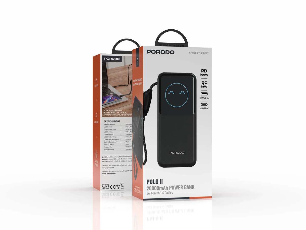 Porodo Polo 20000MAH 100w Powerbank With Type-C to c Cable - Black