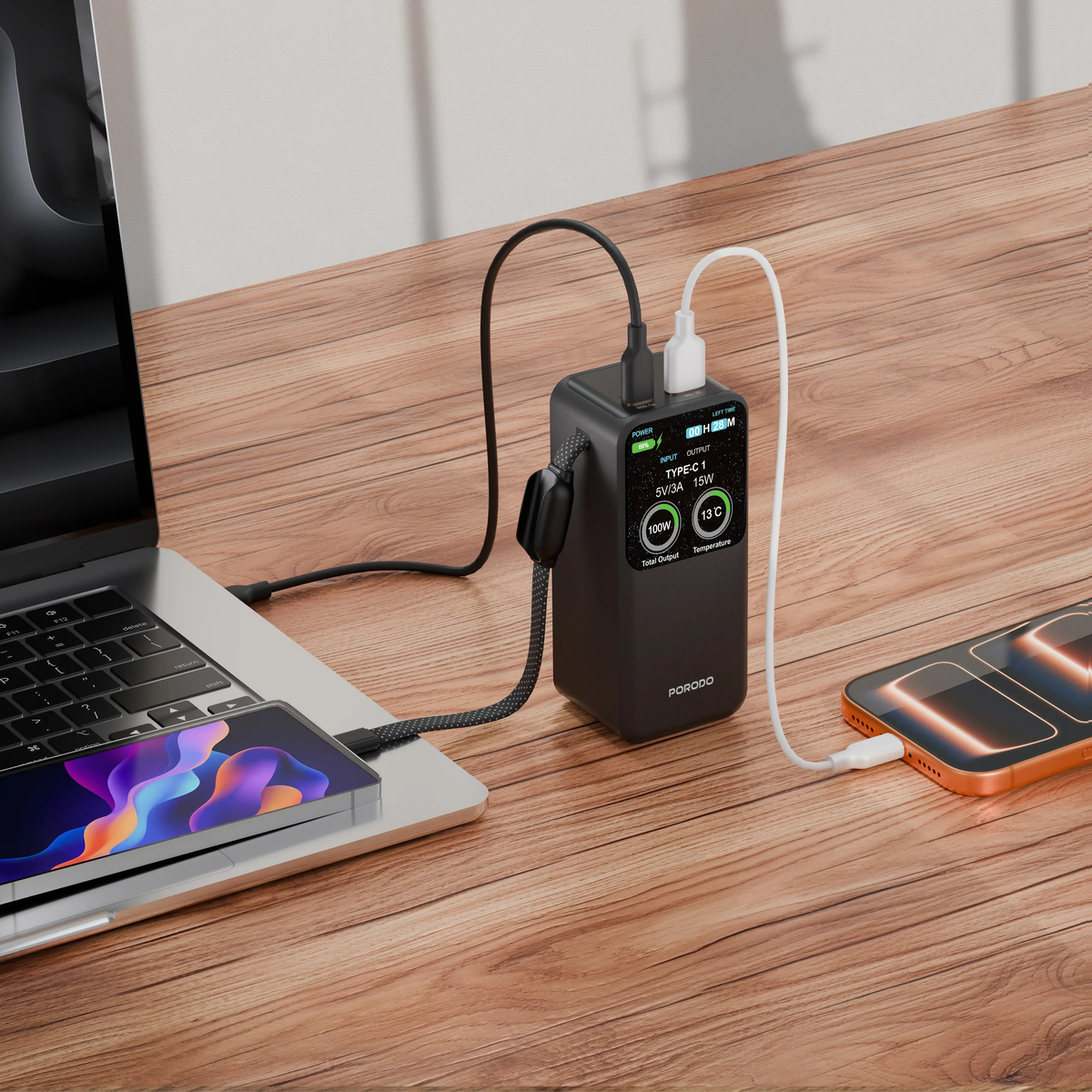 Porodo Polo 20000MAH 100w Powerbank With Type-C to c Cable - Black