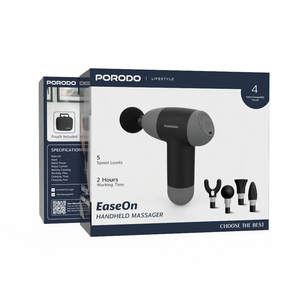 Porodo Lifestyle EaseOn Handheld Massager with 4 Heads- Black & Grey