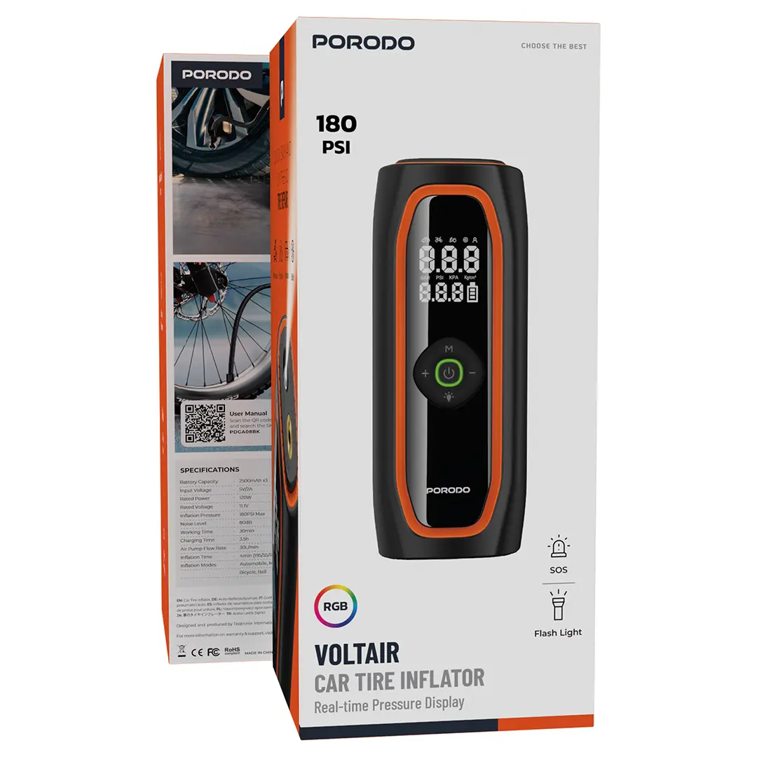 Porodo Voltair 120w Car Tire Inflator with 7500 mAh Battery- Black PDGA08