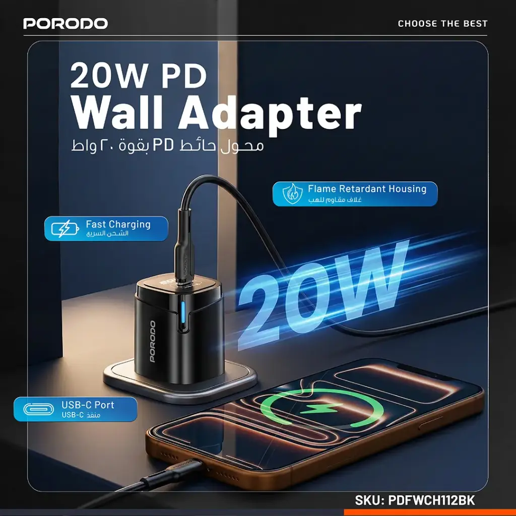 Porodo Tekto PD 20W Type-C Adaptor - Black