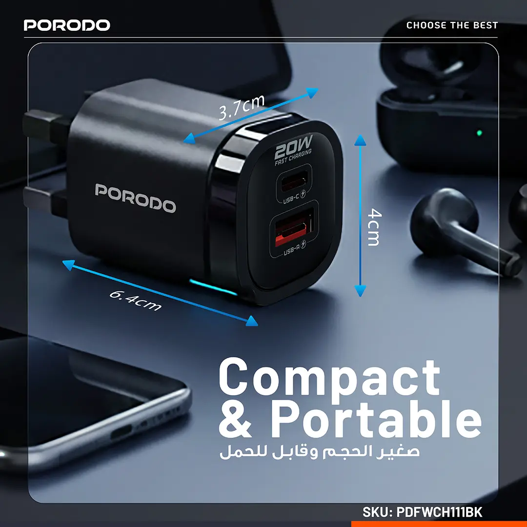 Porodo Tekto PD 20W Type-C Adaptor with 1M C TO C Cable - Black