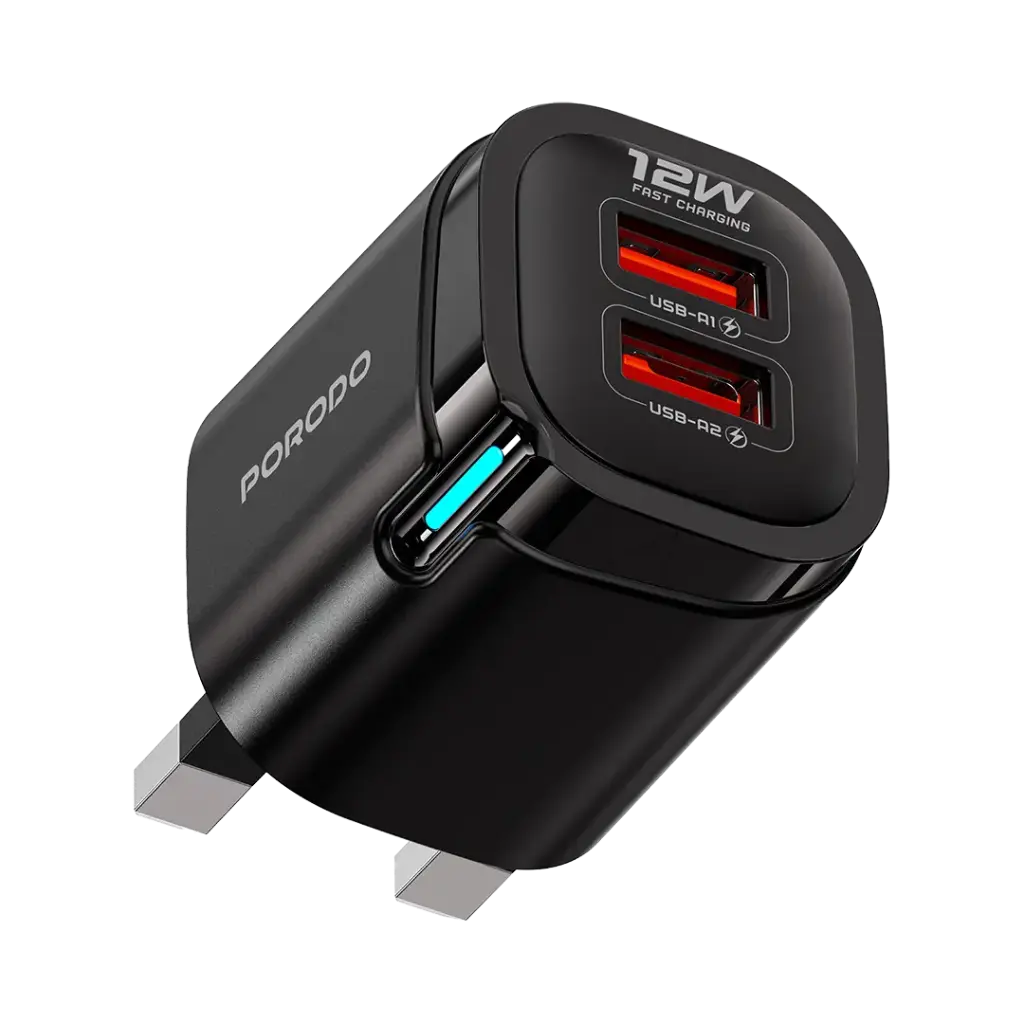 Porodo Tekto 12W Dual USB Fully 2.4A Adaptor - Black