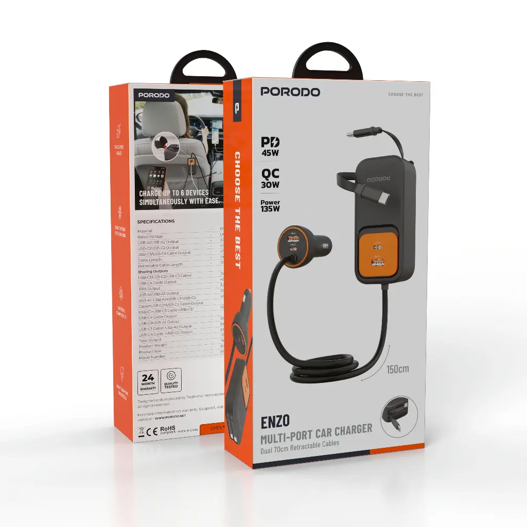 Porodo Car Charger with PD45W Retractable type-C cable X2 - BlacK